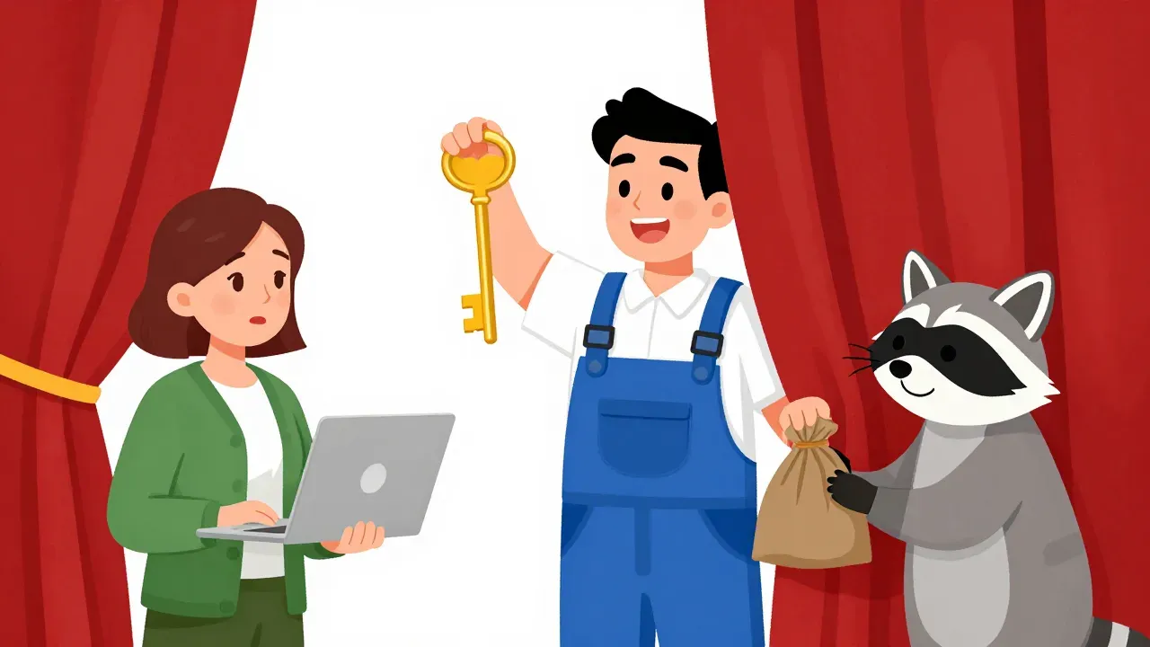 A warm editorial cartoon of a grinning repairman in blue overalls holding up a big golden key like a magic trick for a worried woman in a green cardigan holding a laptop, while his other hand secretly passes a bag of money behind a red curtain to a masked raccoon, clean vector, bold black outlines, soft cell shading, white minimal background.
