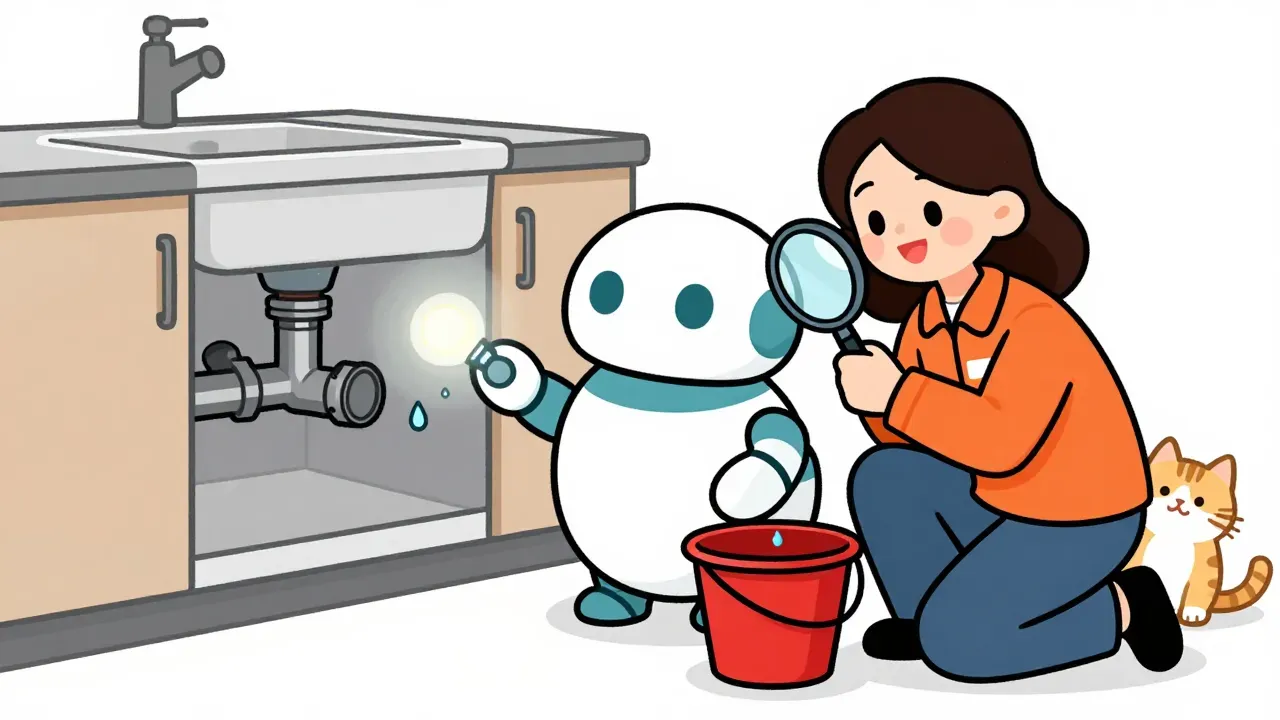 A warm editorial cartoon of a friendly round white robot under a kitchen sink shining a flashlight on a dripping pipe joint while a smiling woman plumber in an orange shirt kneels beside it with a big magnifying glass, a red bucket catching drips and a tabby cat watching, clean vector, bold black outlines, soft cell shading, white minimal background.