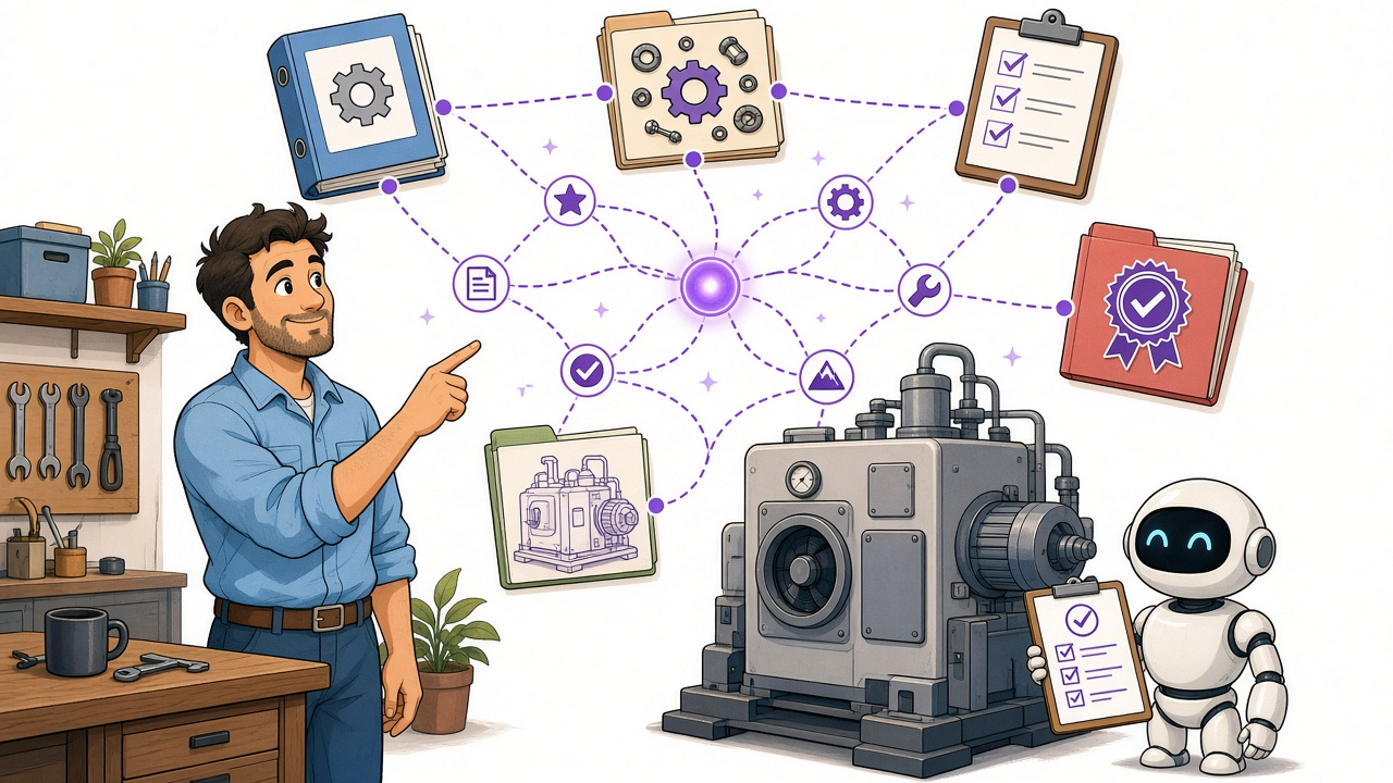 A warm editorial cartoon of a workshop where a friendly technician points at a glowing purple network connecting floating binders for manuals, parts, work orders, warranties, and equipment diagrams, while a small round white robot holds one tidy checklist, clean vector, bold black outlines, soft cell shading, white minimal background.