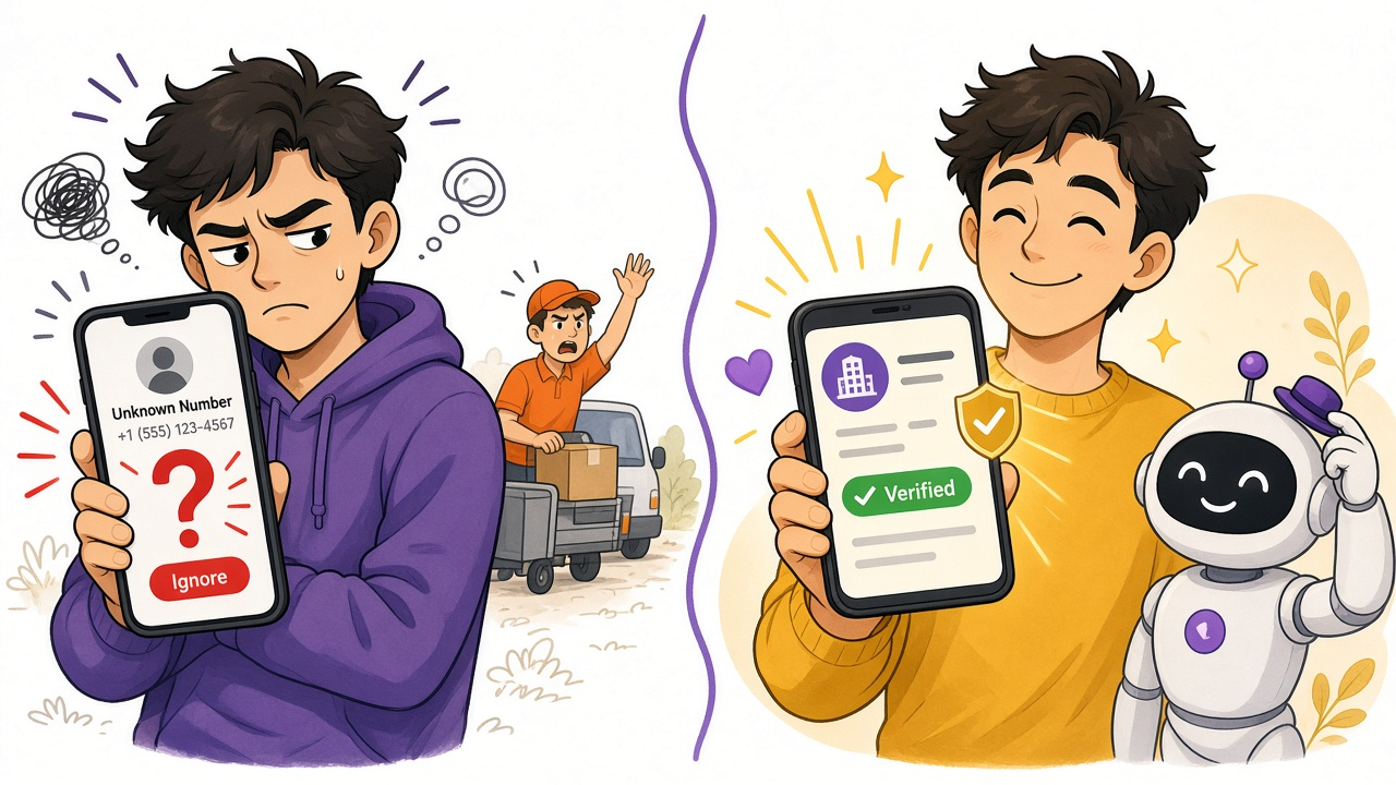 A warm editorial cartoon split scene: on the left a person ignores an unknown number with a red question mark while a tiny delivery driver waves in the background; on the right the same person smiles at a verified business name card on the phone while a calm round white robot tips a tiny hat, clean vector, bold black outlines, soft cell shading, white minimal background.