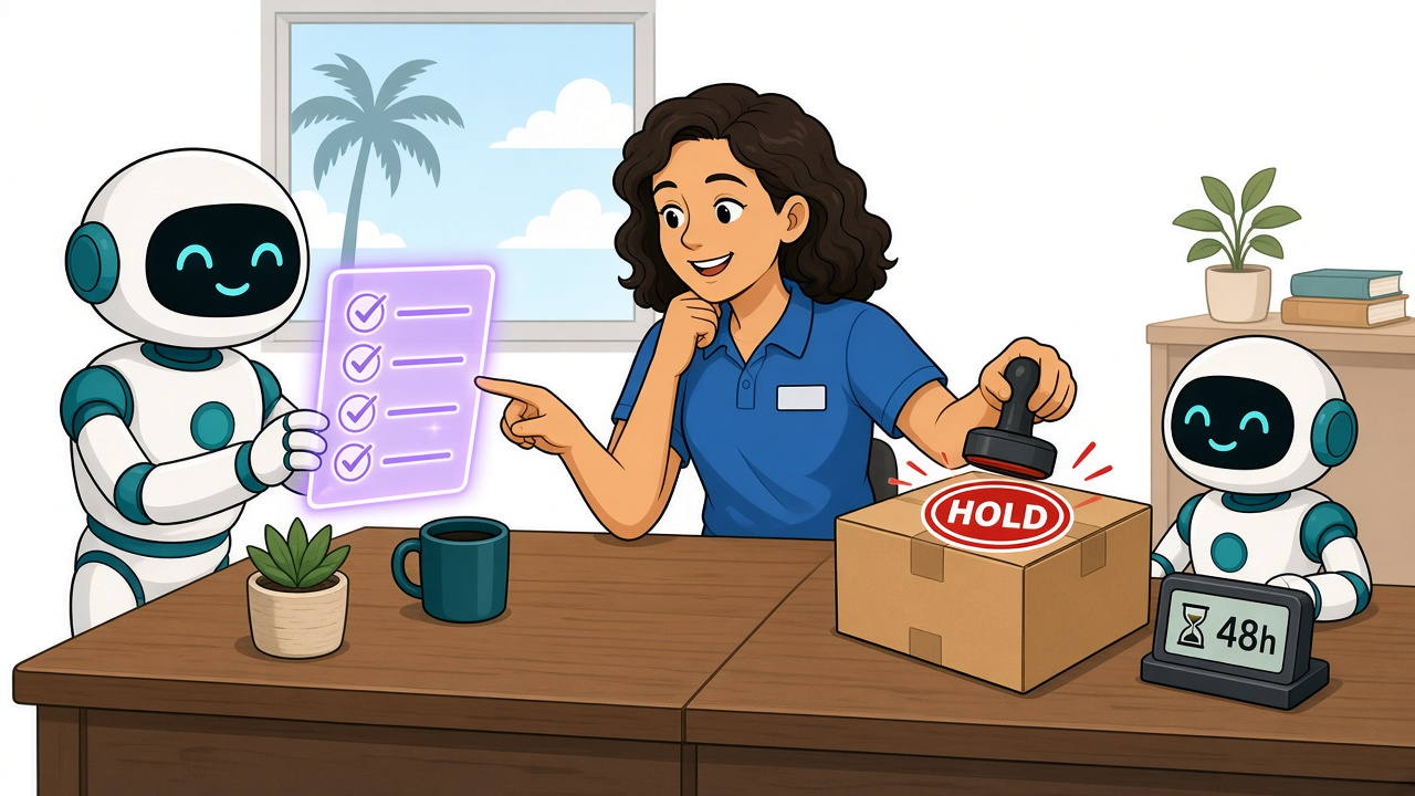 A warm editorial cartoon of a shop manager stamping HOLD on a package box while a friendly teal-accented robot holds a glowing purple checklist and a small timer shows 48h, sunny window with palms behind them, clean vector, bold black outlines, soft cell shading, white minimal background.