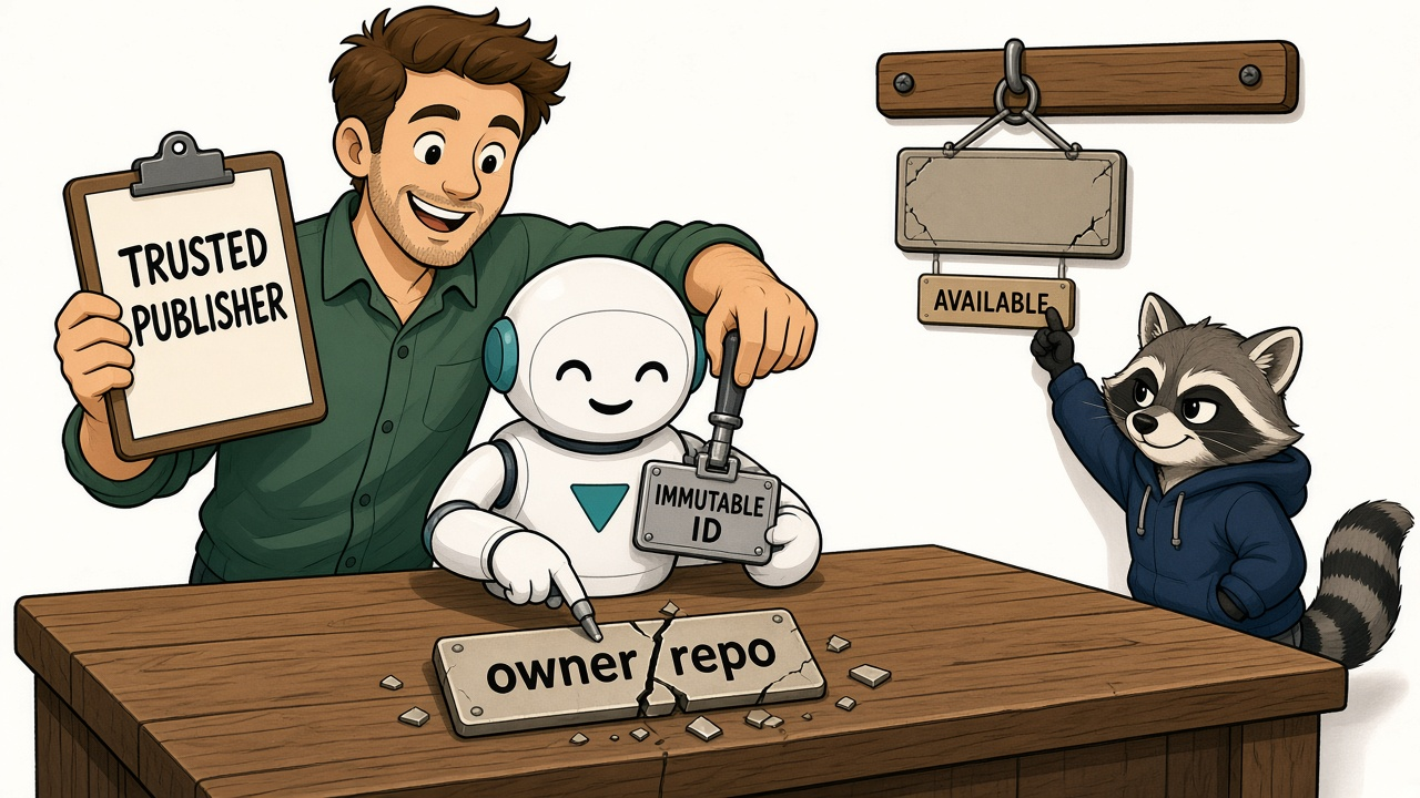 A warm editorial cartoon of a shop owner holding a Trusted Publisher clipboard while a friendly round white robot gets an Immutable ID badge stamped onto its chest, and a raccoon in a hoodie points at a cracked owner/repo nameplate hanging as Available, clean vector, bold black outlines, soft cell shading, white minimal background.