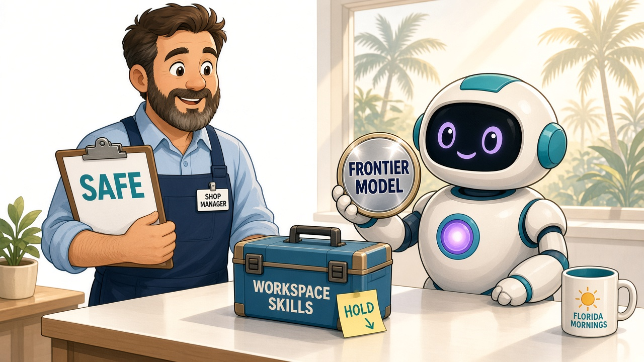 A warm editorial cartoon of a shop manager holding a SAFE clipboard while a friendly teal-accented robot offers a Frontier Model badge beside a Workspace Skills toolbox stamped HOLD, Florida morning light and palms in the window, clean vector, bold black outlines, soft cell shading, white minimal background.