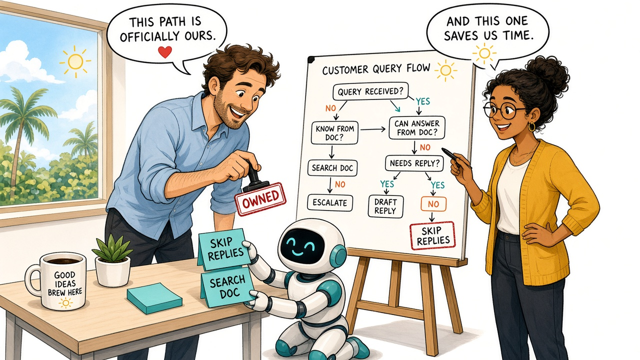 A warm editorial cartoon of two colleagues and a small teal robot building a branching flowchart on a whiteboard, stamping OWNED on a path while sticky notes say SKIP REPLIES and SEARCH DOC, sunny Florida palms in the window, clean vector, bold black outlines, soft cell shading, white minimal background.