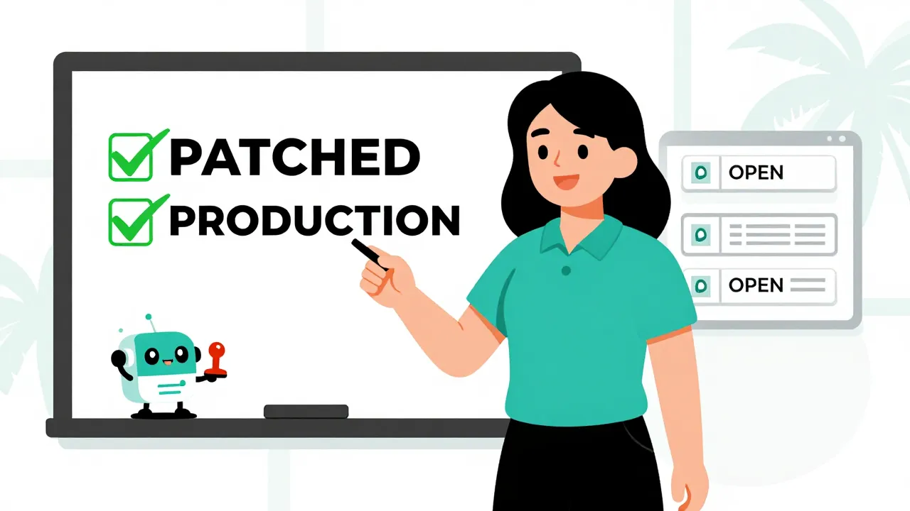 A warm editorial cartoon of a shop manager celebrating a PATCHED production board while a small teal robot holds a DELETE stamp beside leftover deploy preview cards still marked OPEN, Florida light in the window, clean vector, bold black outlines, soft cell shading, white minimal background.