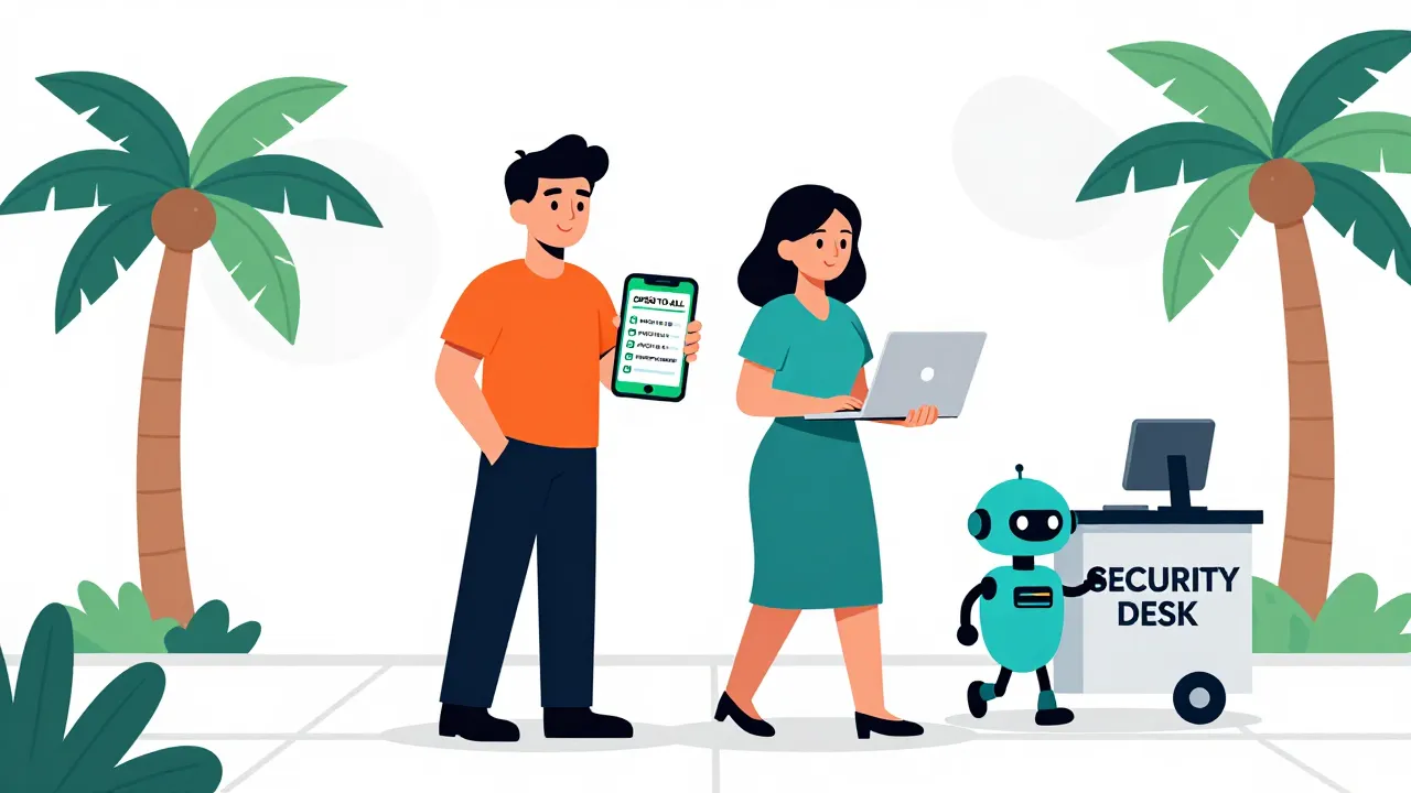 A warm editorial cartoon of two colleagues on a Tampa sidewalk, one holding an OPEN TO ALL pass and the other a laptop checklist with patch and preview cleanup checked, while a small teal robot rolls a SECURITY DESK cart, palms nearby, clean vector, bold black outlines, soft cell shading, white minimal background.