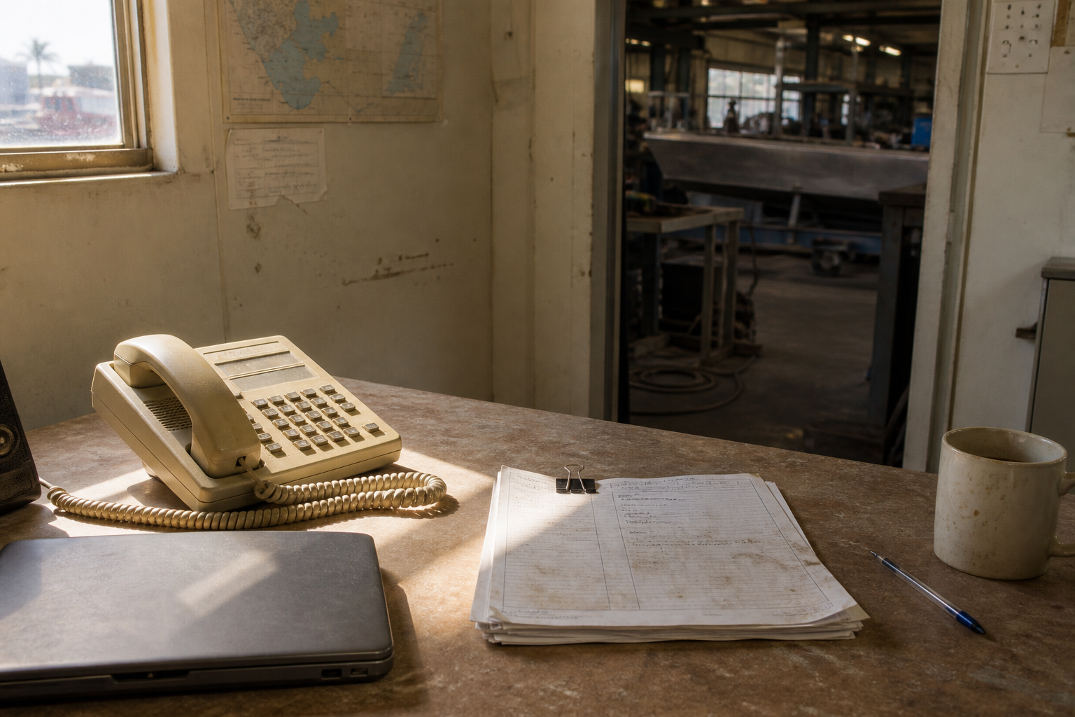A shop office desk with a beige multi-line phone, a closed laptop, and a stained job packet, with the floor visible through the doorway.