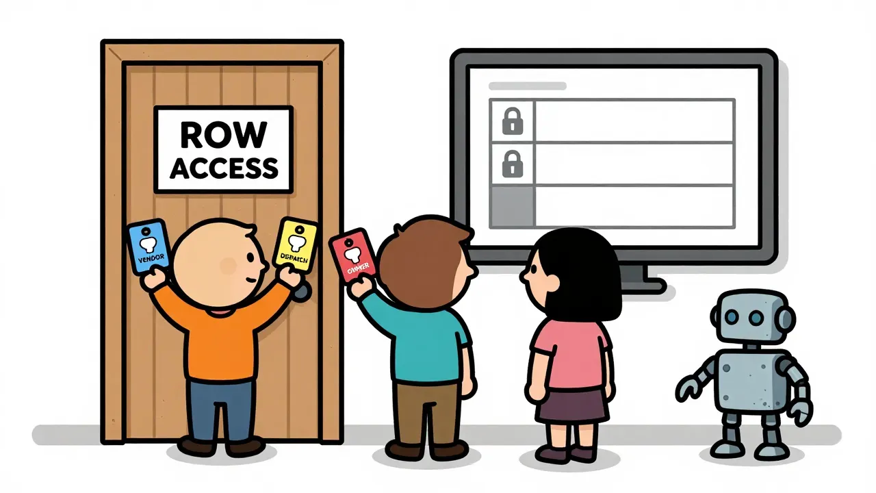 A warm editorial cartoon of three roles with different key cards at a ROW ACCESS door beside a monitor with locked and unlocked rows, white minimal background, bold outlines, soft cell shading, human warmth.
