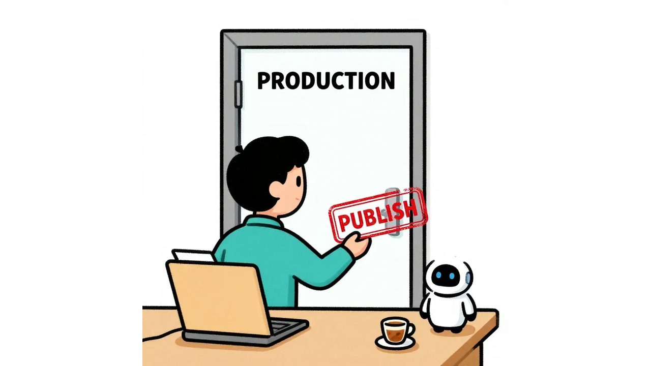 A warm editorial cartoon of an operator holding a PUBLISH stamp beside a closed PRODUCTION door, a WORKING RESULT folder, and a low credit meter, white minimal background, bold outlines, soft cell shading, human warmth.