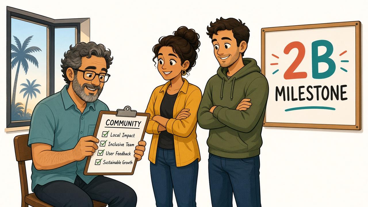 A warm editorial cartoon of a Tampa Bay mentor reviewing a COMMUNITY clipboard while two founders stand beside a wall board reading 2B MILESTONE, palm silhouettes in a bay window, white minimal background, bold outlines, soft cell shading, human warmth.