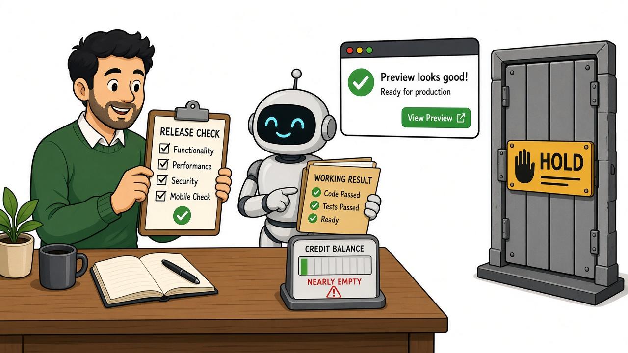 A warm editorial cartoon of a website operator holding a RELEASE CHECK clipboard while a friendly robot presents a WORKING RESULT folder beside a nearly empty credit meter and a closed HOLD production door, white minimal background, bold black outlines, soft cell shading, narrative humor.