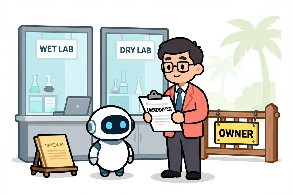 A warm editorial cartoon of a mentor holding a commercialization clipboard beside wet lab and dry lab doors, a renewal stand, a friendly robot, and an OWNER gate with palm silhouettes, white minimal background, bold outlines, soft cell shading, human warmth.
