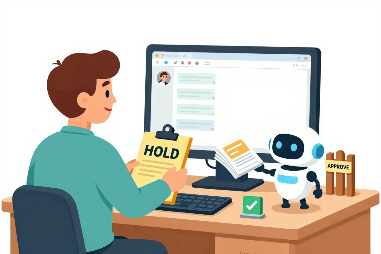 A warm editorial cartoon of an office worker holding a HOLD clipboard at a single unified chat desk while a friendly robot offers finished slides beside a small APPROVE gate, white minimal background, bold black outlines, soft cell shading, narrative humor.