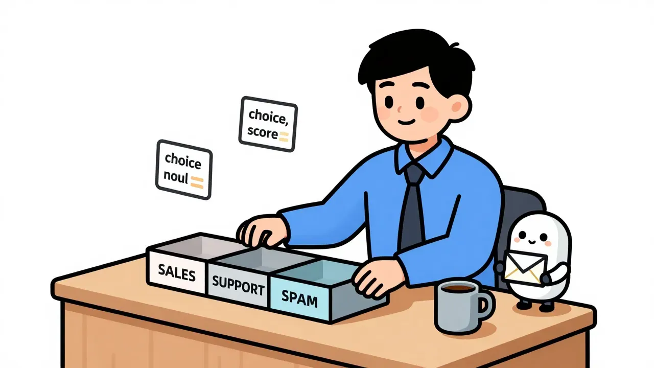 A warm editorial cartoon of an office worker at a routing desk sorting SALES, SUPPORT, and SPAM trays while a small friendly robot offers a contact-form envelope and floating choice, score, and noul chips hover above, white minimal background, bold black outlines, soft cell shading, narrative humor.