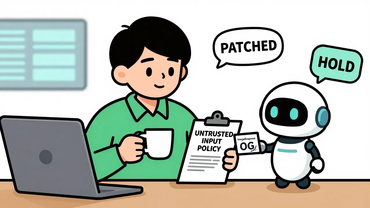 A warm editorial cartoon of an office worker with a tea mug holding an UNTRUSTED INPUT POLICY clipboard beside a small friendly robot offering an ImageResponse OG card, PATCHED and HOLD speech bubbles, white minimal background, bold black outlines, soft cell shading, narrative humor.