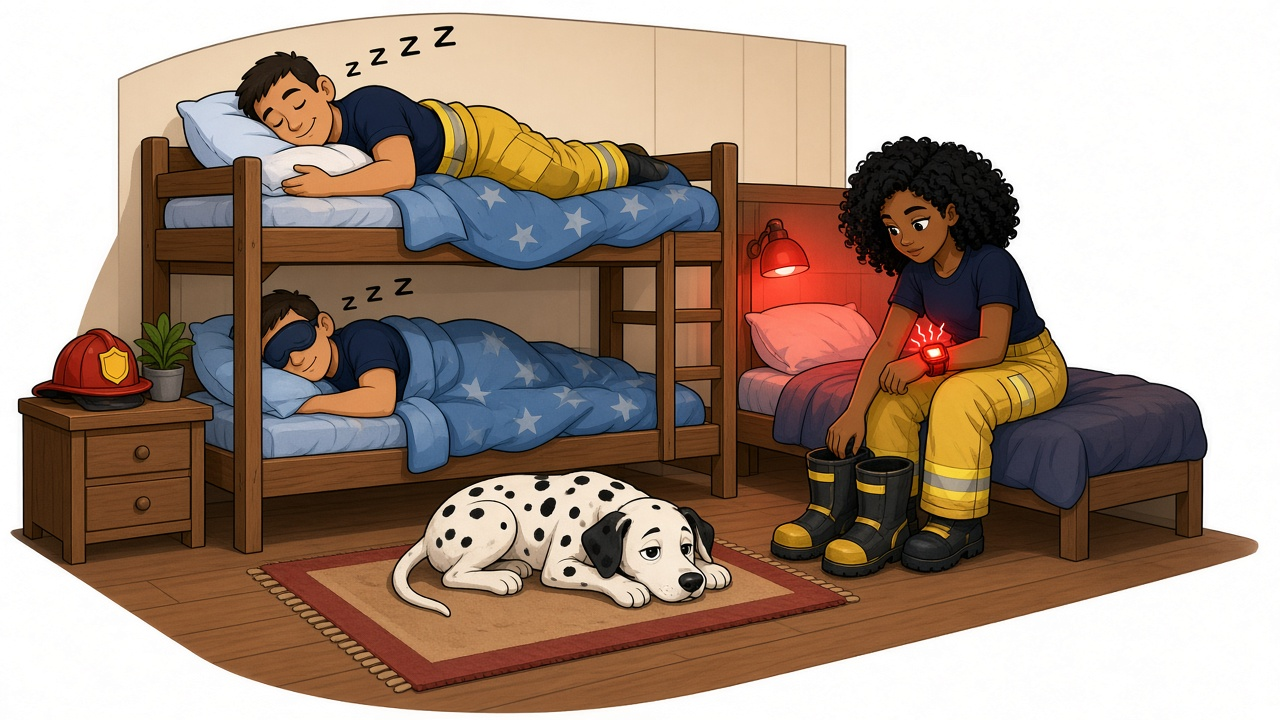 A warm editorial cartoon of a fire station bunk room at night where two firefighters sleep peacefully under starry blankets while a third, a woman with curly hair, sits up calmly as a small red device on her wrist buzzes, reaching for her boots, with a sleepy dalmatian on a rug between them, clean vector, bold black outlines, soft cell shading, white minimal background.