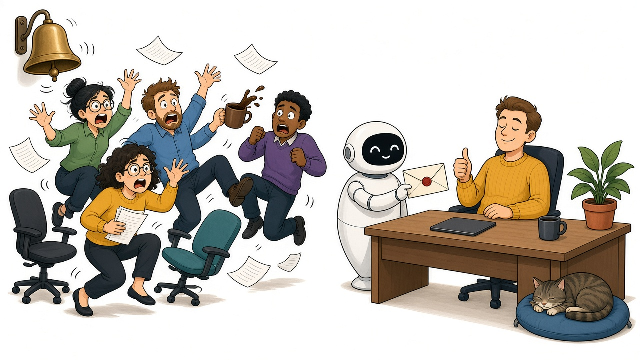 A warm editorial cartoon of a small office where four startled coworkers leap from their chairs with papers and coffee flying as a big brass bell rings on the wall, while on the other side a calm round white robot quietly hands one sealed envelope to a relaxed man in a mustard sweater who gives a thumbs up, a sleeping cat undisturbed under his desk, clean vector, bold black outlines, soft cell shading, white minimal background.