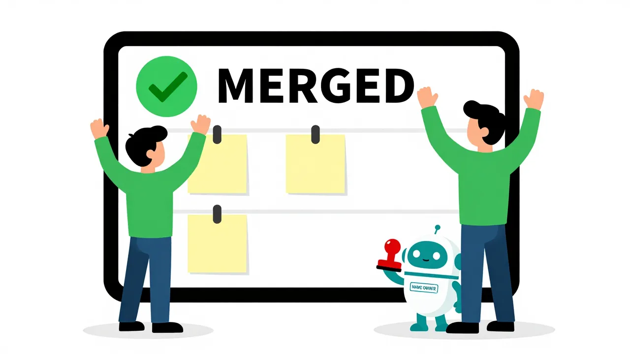 A warm editorial cartoon of a developer celebrating a green MERGED board while advisory sticky notes still hang unread, and a small teal helper robot holds a NAME OWNER stamp, clean vector, bold black outlines, soft cell shading, white minimal background.