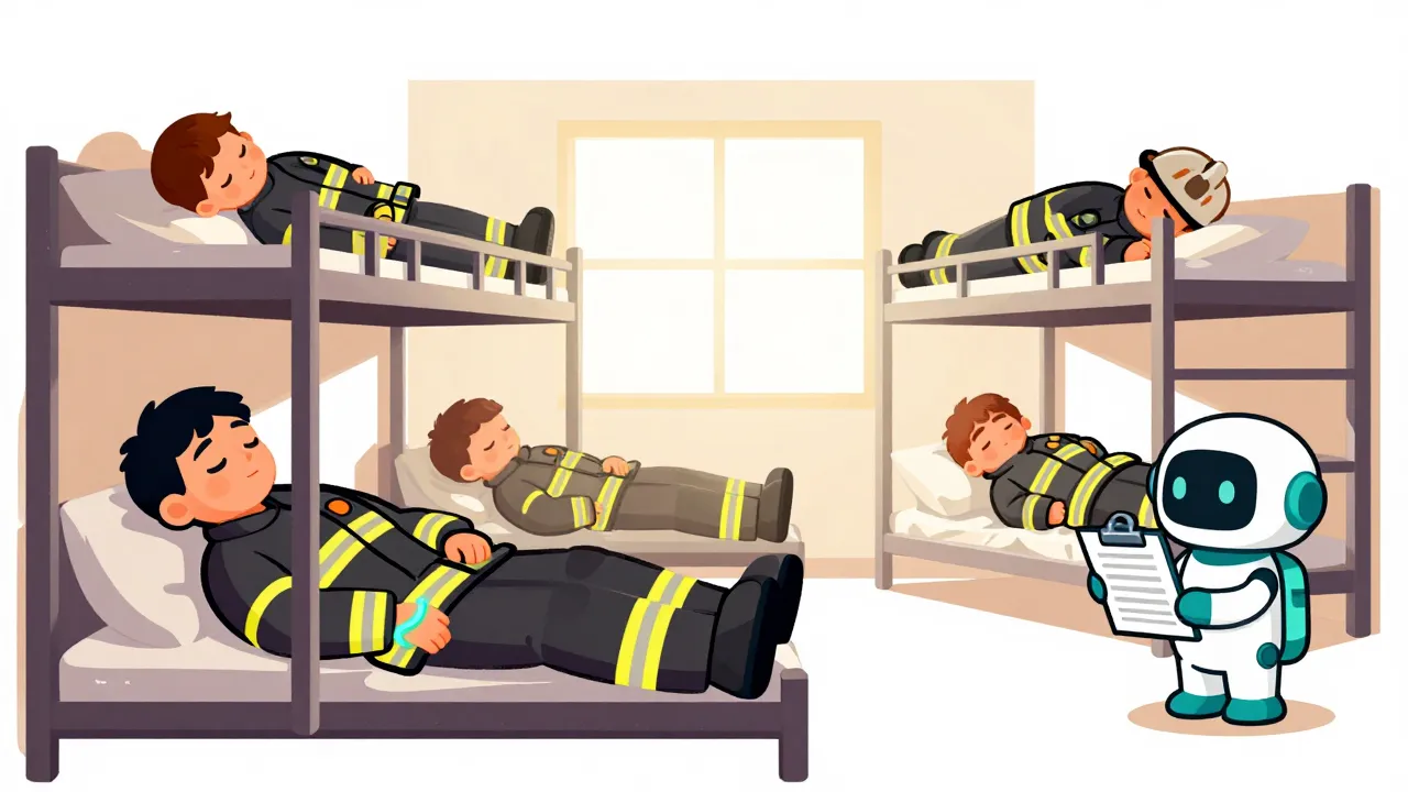 A warm editorial cartoon of a quiet firehouse bunk room where one firefighter's wristband vibrates while others sleep, and a small teal robot holds an assigned-call checklist, Florida morning light, clean vector, bold black outlines, soft cell shading, white minimal background.