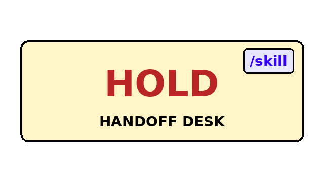 HOLD stamp pulsing beside a forward-slash skill badge on a handoff desk card